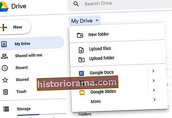 Posnetek zaslona gumbov menija Google Drive
