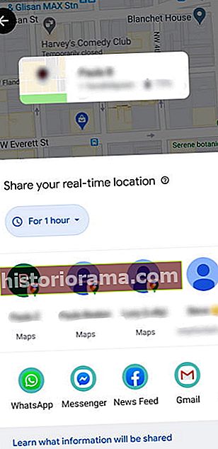 Screenshot možností pro sdílení polohy v Mapách Google