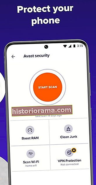 Skærmbillede af Avast Antivirus-app med skrivning, der siger beskyt din telefon