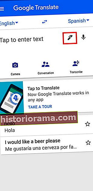 Skærmbillede af Google Translate-appen, der viser håndskriftikonet fremhævet med et rødt felt