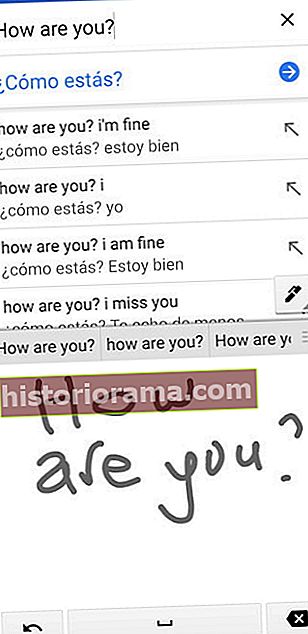 Skærmbillede af Google Translate håndskriftfunktion, der viser 'Hvordan har du det' oversat til spansk