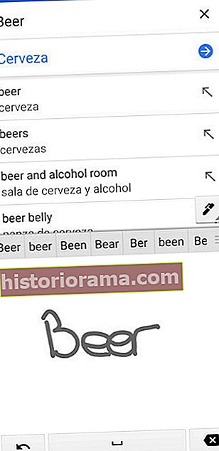 Знімок екрана функції рукописного вводу Google Translate, що відображає перекладене на іспанську мову "пиво"