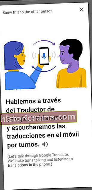 Skærmbillede af instruktioner på spansk til samtale-funktionen i Google Translate-appen