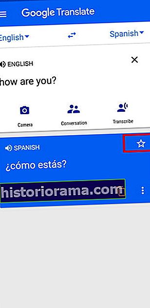 Знімок екрана Google Translate із значком Зірочка для додавання до розмовника, виділеного в червоному полі