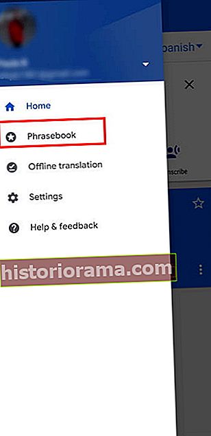 Skærmbillede af Google Transalte med Phrasebook-indstillingen fremhævet i en rød boks