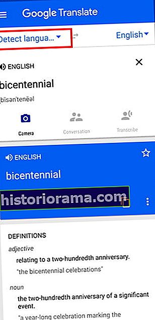 Skærmbillede af Google Translate-ordboksfunktionen, der viser ordet 'bicentennial' og dets definition, med funktionen Opdag sprog fremhævet i en rød boks