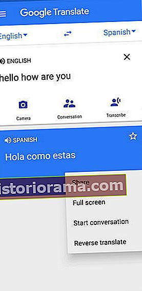 Skærmbillede af Google Translate med et pop op-vindue til delingsfunktionen