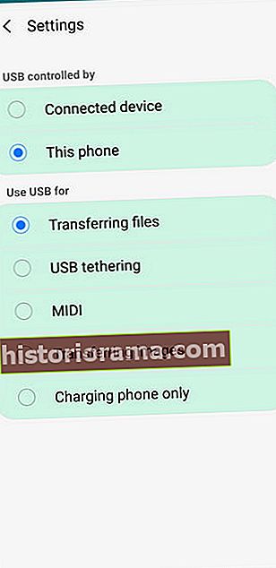 Screenshot z nabídky připojení USB na telefonu Samsung