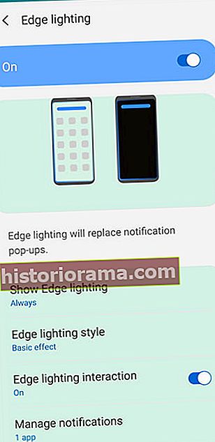 Screenshot z nabídky Edge Lighting na Samsung Galaxy S8