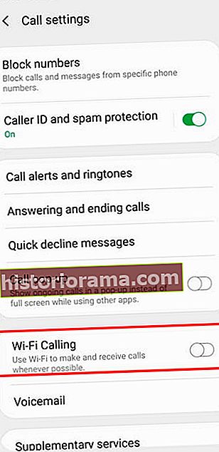 Screenshot nastavení volání Wi-Fi na Samsung Galaxy S8