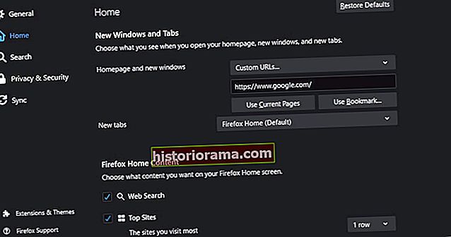 Знімок екрана параметрів домашньої сторінки Firefox