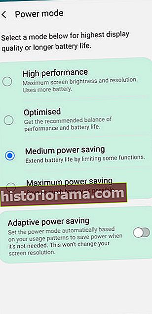 Snímek obrazovky režimu střední úspory energie v telefonu Android