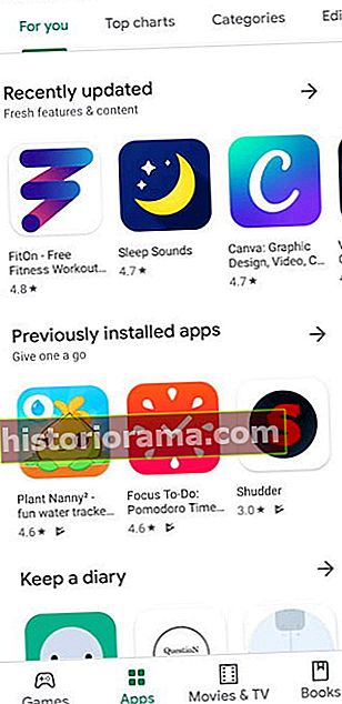Screenshot domovské stránky aplikace obchodu Google Play