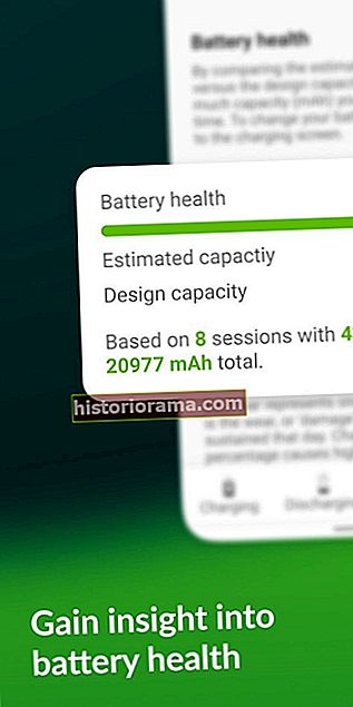 Skærmbillede af Accubattery-appen med et billede, der viser batteriets helbred og kapacitet