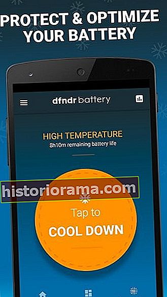 Screenshot aplikace baterie dfndr zobrazující text, který říká, že chrání a optimalizuje vaši baterii, a pod ní oranžový kruh s textem nad ní, který říká vysoká teplota a možnost klepnutím ochladit
