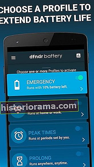 Skærmbillede af dfndr-batteriappen med en række profiler og tekst, der siger, vælg en profil for at forlænge batteriets levetid
