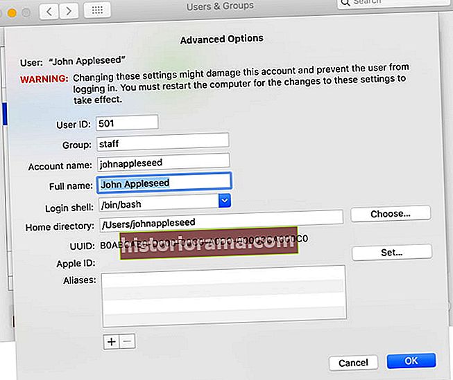 Změňte uživatelské jméno účtu a název domovské složky v systému MacOS