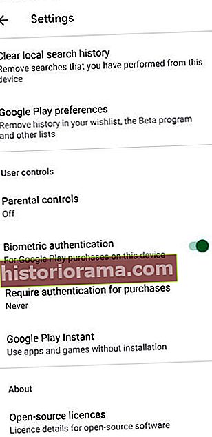 Skærmbillede af biometrisk godkendelse i Google Play Butik