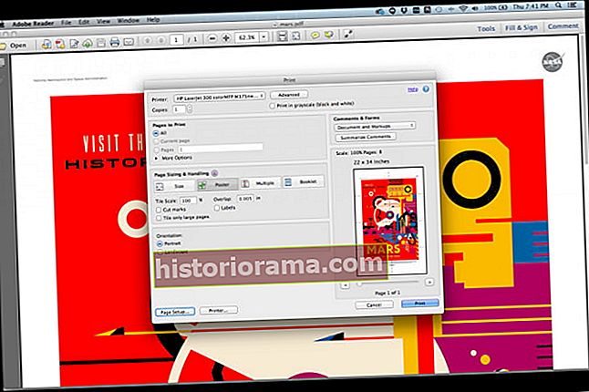 I Adobe Readers udskrivningsmenu kan du vælge indstillingen Poster for at udskrive 20 x 30-tommers billede på otte 8,5 x 11-tommer papir.