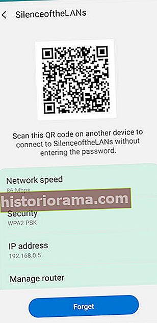 Snímka obrazovky s QR kódom na zdieľanie siete Wi-Fi na telefóne Samsung Galaxy