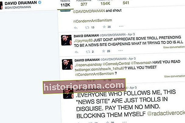 En cachelagret version af David Draimans Twitter-side, inden han lukkede den og viste ulykkelige tweets mod trolde.